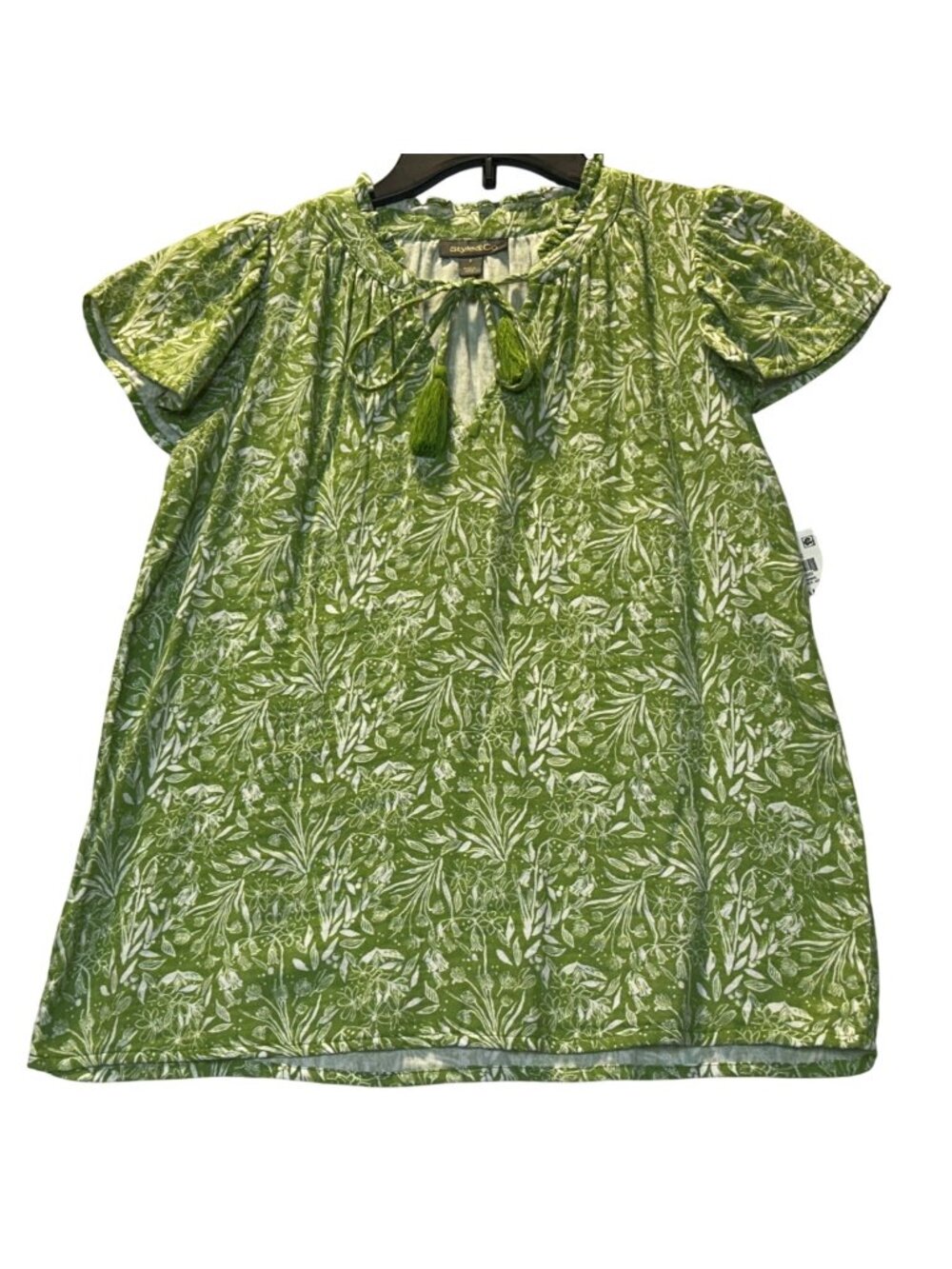 Style & Co Womens Size Small Green Floral Puff Sleeve Tunic Top With Tassel Tie